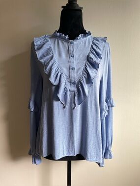 Zara Ruffle Blouse Powder Blue 100% Viscose Long Sleeve Size S